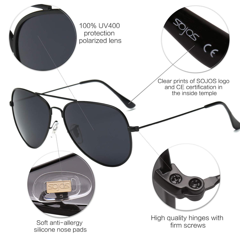 SojoS Gafas De Sol Para Hombres Y Mujeres Aviador Clásico Marco Metal Lentes Espejo Polarizadas SJ1054