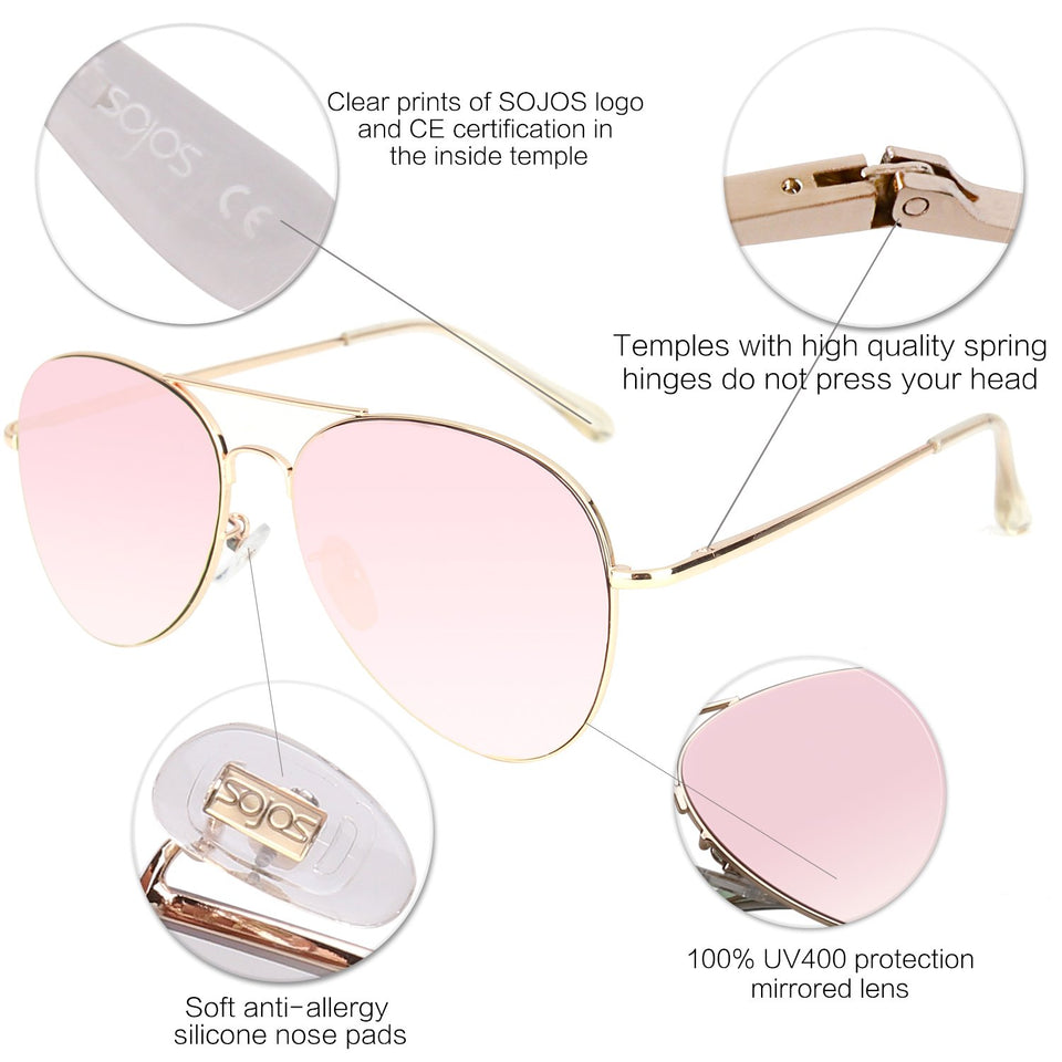 Sojos Gafas De Sol Aviador Clásico Unisex Marco Metal Lente Espejo Doble Puente SJ1030